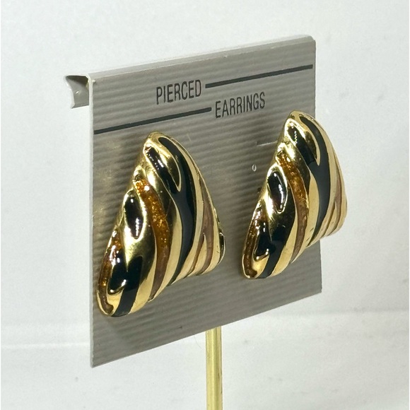 Vintage Gold & Black Abstract Enamel Triangle Earrings - Picture 2 of 9
